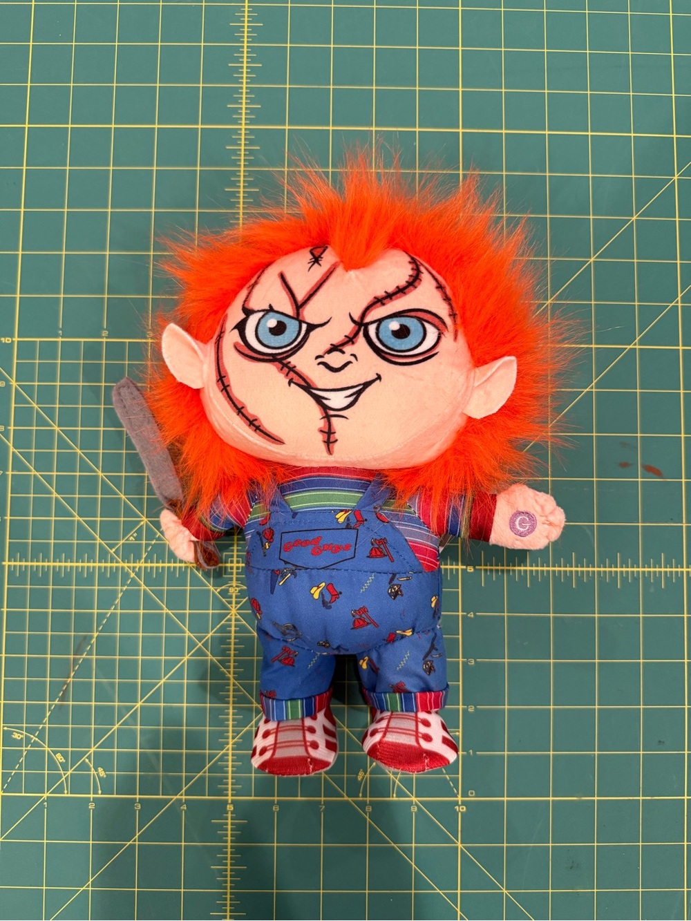 Orange-Haired Plush Doll with Blue Overalls - Chucky Style